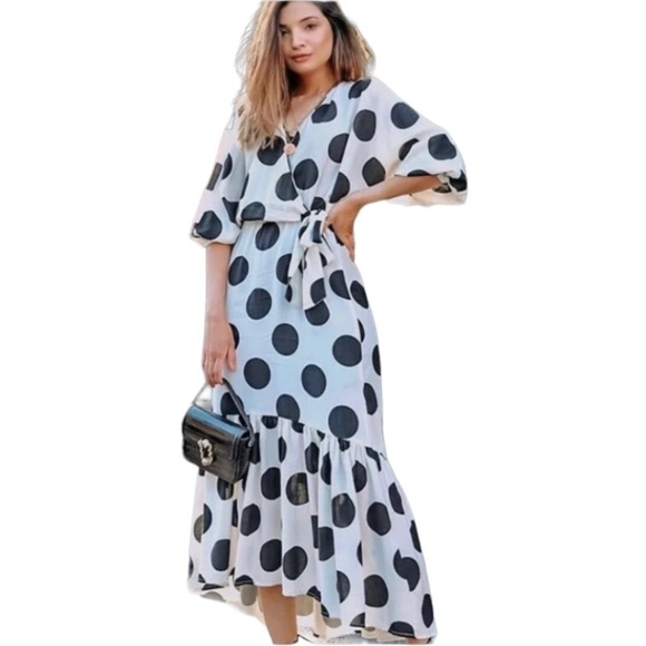 H&M Polka Dot Wrap White Black Midi Dress Size XS - Picture 3 of 12